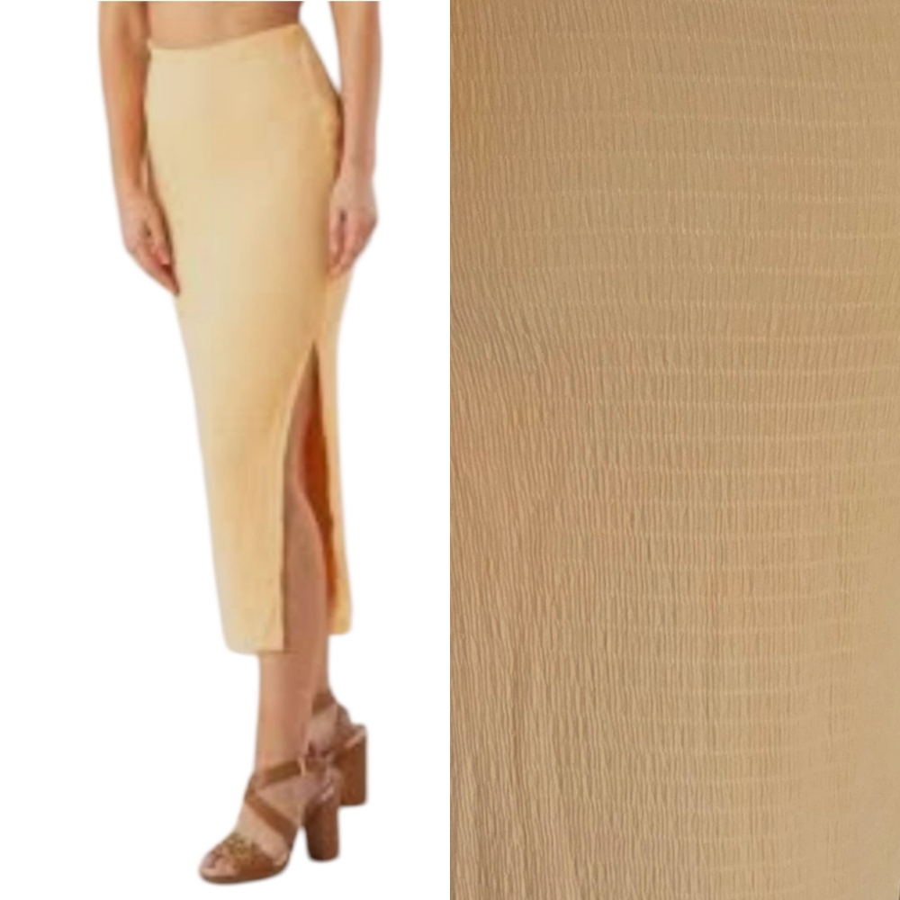 SomethingNew Tangarine‎ Stretch Shirred Midi Straight Skirt with Side Slit